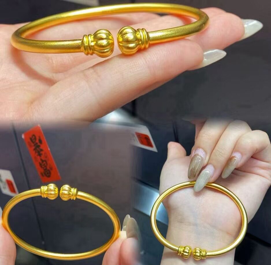 深圳水贝足金999古法开口南瓜手镯女素圈纯金镯子送女友老婆