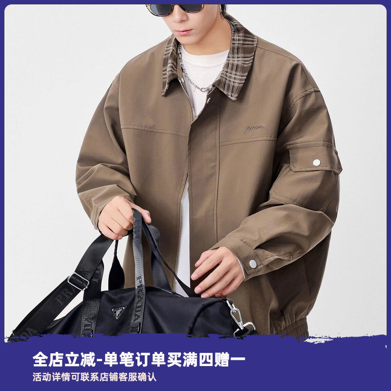 COOLJU裤局子男生秋冬季新款格子领口拼接休闲刺绣长袖夹克衫外套