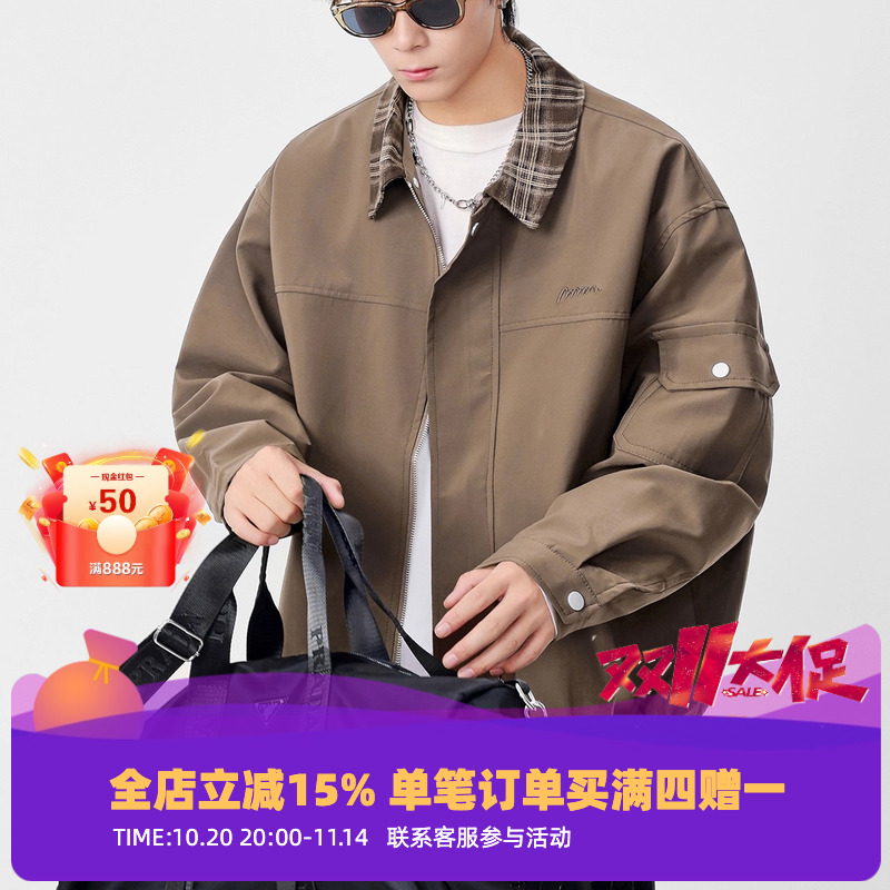 春秋季新款格子领口拼接外套
