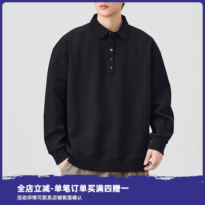 COOLJU裤局子男生秋冬加绒Cleanfit纽扣翻领宽松套头卫衣长袖Polo