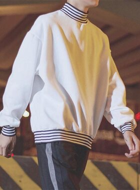 韩国ulzzang高领学生chic条纹卫衣男潮韩版原宿风BF宽松情侣外套