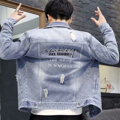 新款牛仔外套男休闲潮流男士牛仔夹克青年牛仔衣韩版修身浅色外套