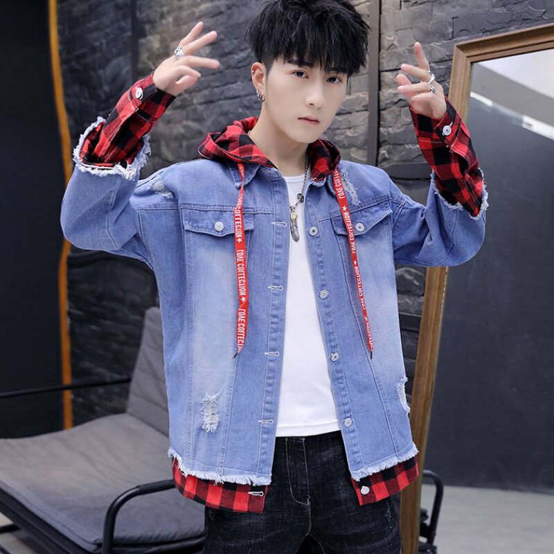 男士牛仔夹克韩版破洞学生连帽衣服宽松2026秋春冬假两件男装外套