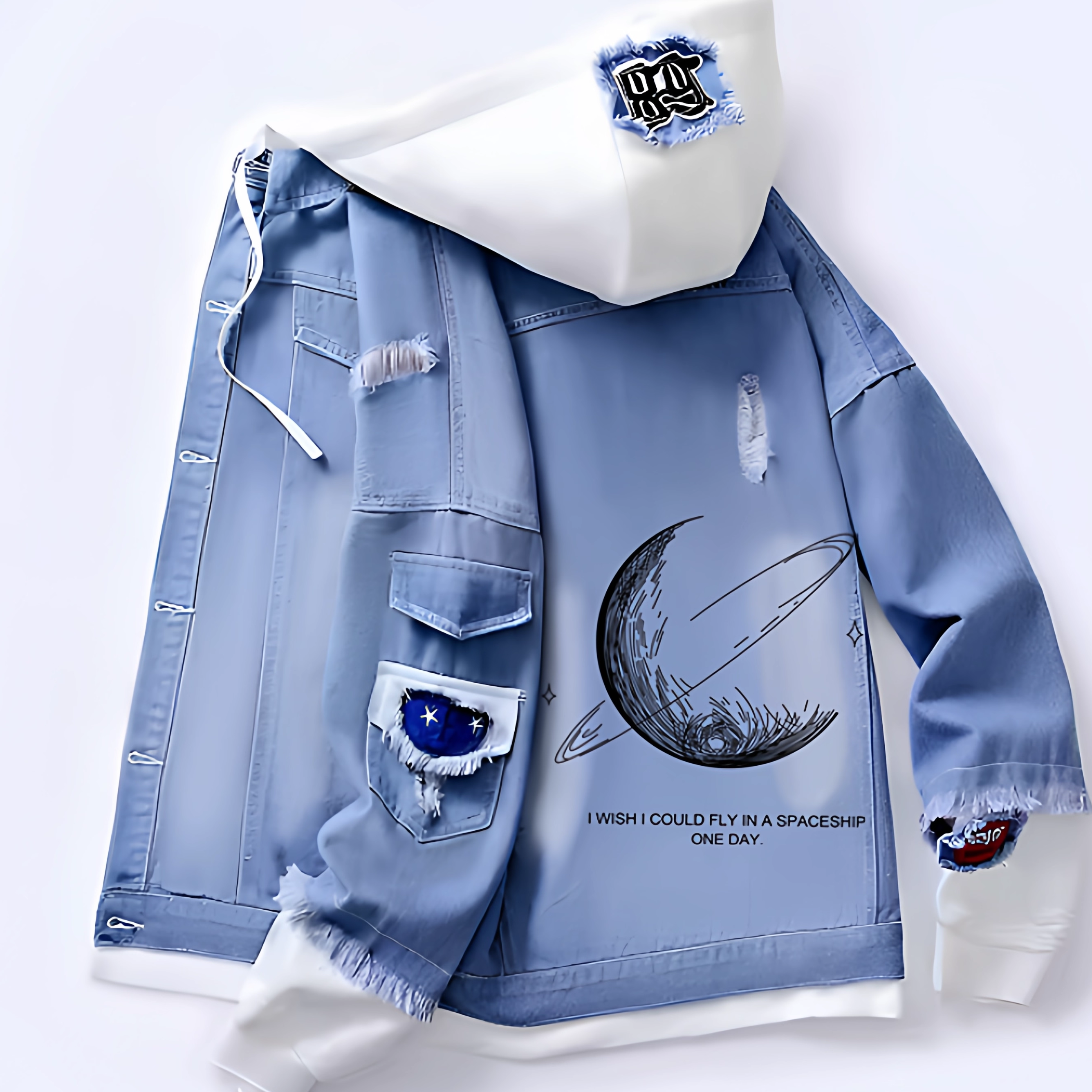 春秋季新款连帽月亮牛仔外套男潮牌青少年宽松假两件卫衣服百搭子