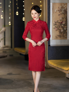 春秋纯色旗袍斜襟短款中年女复古妈妈日常改良连衣裙2025新款提花