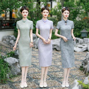 夏季改良旗袍女小个子高端大气上档次中长款复古妈妈水墨画连衣裙