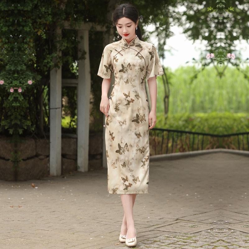 夏季旗袍女改良新中式国风蝴蝶花