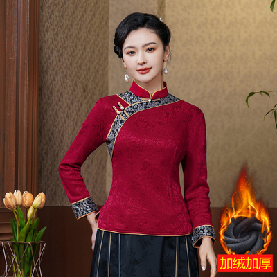 新款秋冬加绒旗袍式改良上衣复古中年女时尚妈妈日常汉服唐装开衫