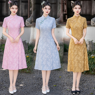2025新中式改良旗袍连衣裙女小个子中长款日常大码复古提花A字裙