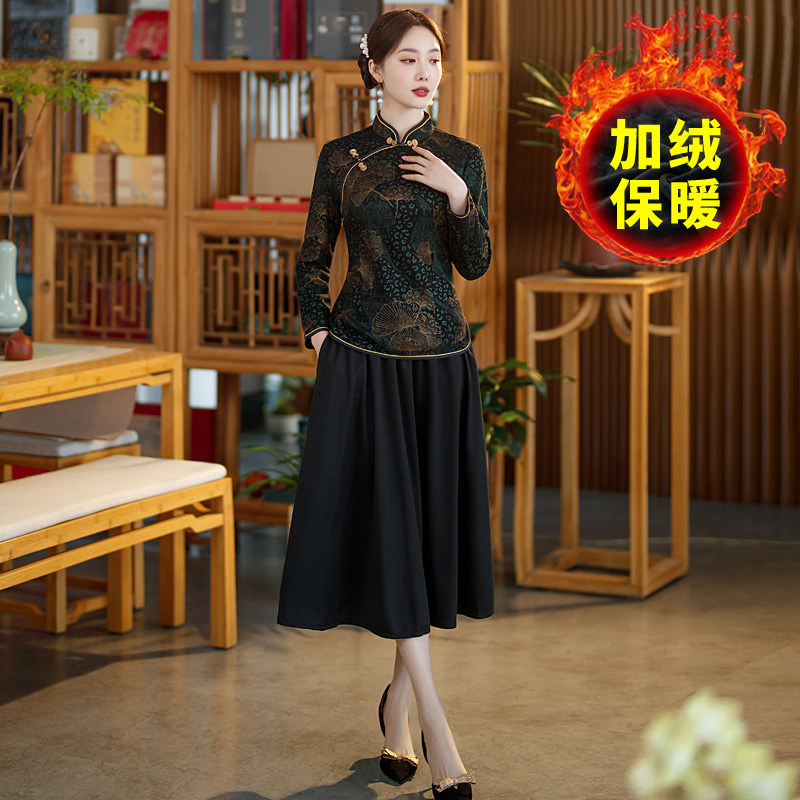 秋冬加绒旗袍式上衣复古改良中老年妈妈唐装短款日常加厚祺袍小衫