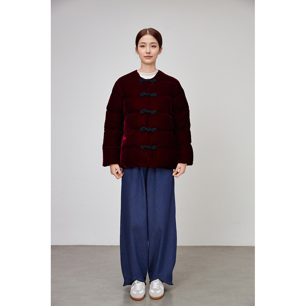 真丝丝绒90白鹅绒羽绒服中国风立领中式金丝绒短款外套夹克秋冬