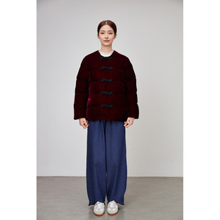 真丝丝绒90白鹅绒羽绒服中国风立领中式金丝绒短款外套夹克秋冬