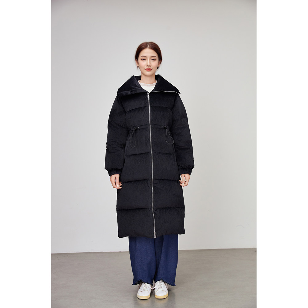 秋冬女装时尚休闲黑色连帽立领抽绳收腰长款过膝棉服外套