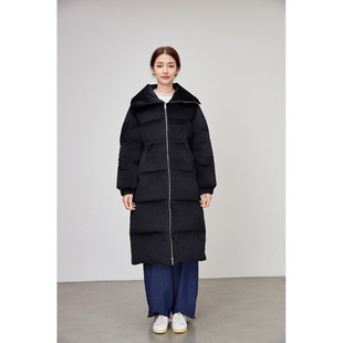 秋冬女装时尚休闲黑色连帽立领抽绳收腰长款过膝棉服外套