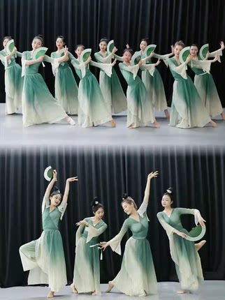 新款汉唐舞醉清波舞蹈服儿童古典折扇绿中国风演出服绿色汉服装
