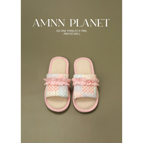 AMNN 蕾丝花边碎花居家亚麻拖鞋女2026新款四季防滑舒适地板凉拖