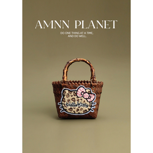 AMNN 复古豹纹猫咪菜篮子2025新款可爱编织上班日常饭盒手提包包