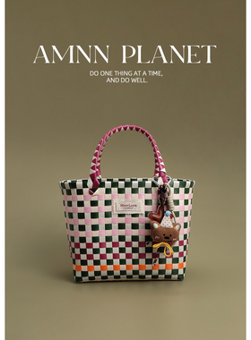 AMNN 原创彩色小熊挂件手工编织菜篮子女上班通勤杂物手拎百搭包