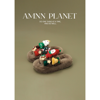 AMNN 厚底圣诞毛毛拖鞋女外穿秋冬季毛茸茸可爱防滑居家ims棉拖鞋