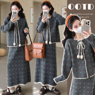 复古洋气加厚针织上衣半身裙减龄休闲两件套 网红套装 孕妇装 秋冬款