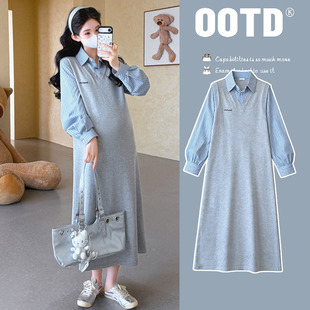 孕妇春装连衣裙时尚高级感孕妇装新款拼接假两件翻领洋气减龄裙子