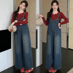宽松大码 春秋款 阔腿裤 外穿吊带连体牛仔休闲裤 孕妇背带裤 长裤 套装