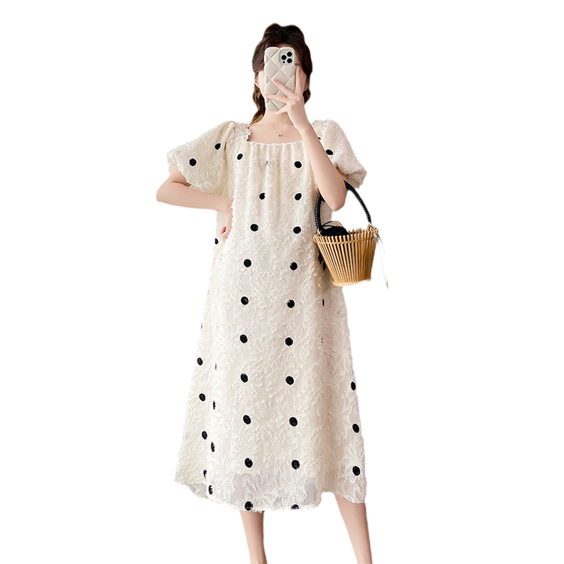 孕妇装夏天裙子中长款时尚洋气宽松过膝方领波点短袖孕妇连衣裙女