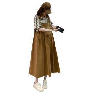 孕妇装夏装时尚孕妇连衣裙宽松中长款背带裙套装潮妈孕期短袖裙子