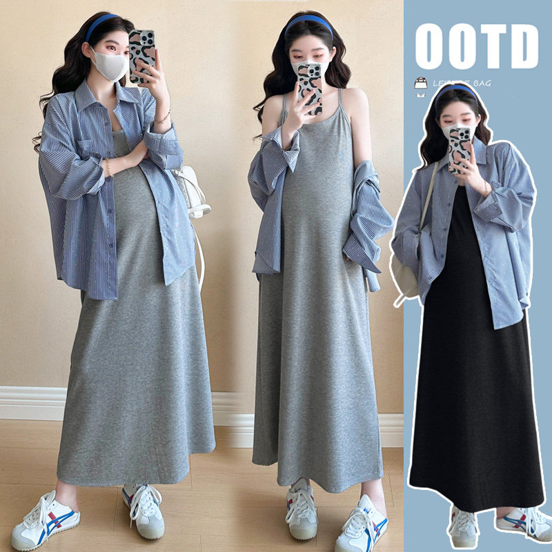 夏季孕妇连衣裙套装时尚孕妇装春夏装背心长裙长袖上衣两件套裙子
