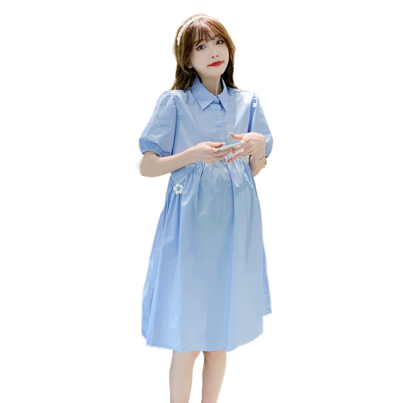 孕妇装夏装连衣裙时尚甜美娃娃领夏季短袖上衣洋气显瘦小个子裙子