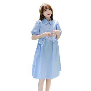 孕妇装夏装连衣裙时尚甜美娃娃领短袖上衣洋气显瘦小个子夏天裙子