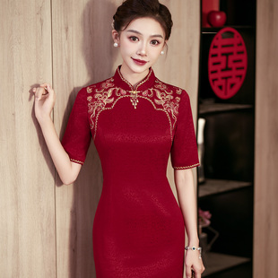 酒红中式婚礼妈妈长款醋酸旗袍牡丹花大码日常可穿喜婆婆婚宴礼服