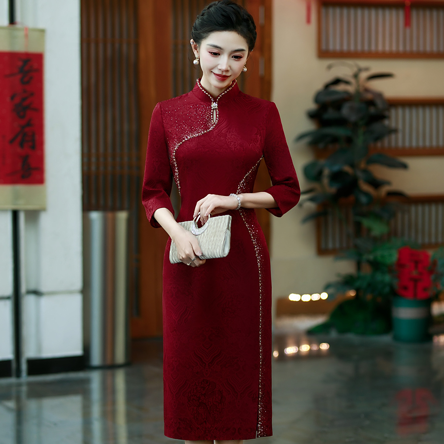红色喜服妈妈装喜婆婆改良旗袍秋