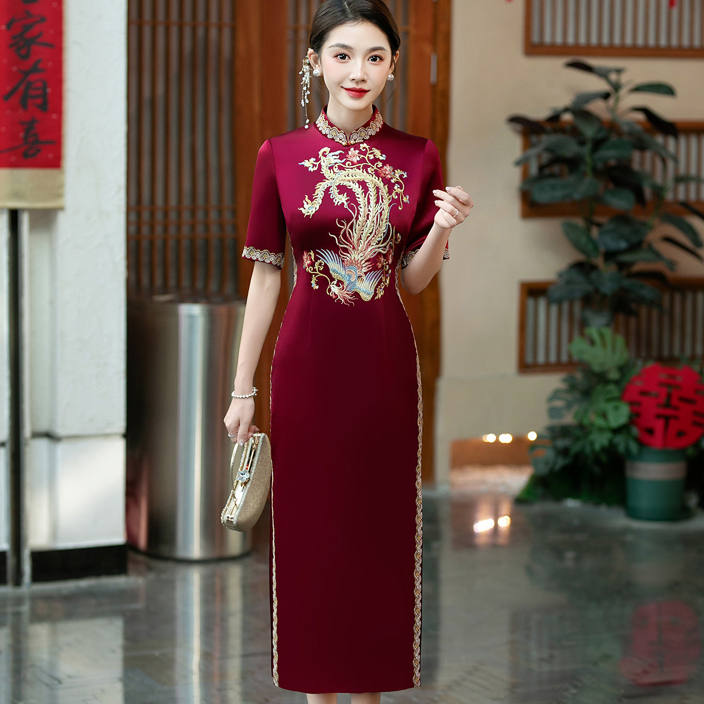 喜婆婆婚宴礼服酒红色醋酸长旗袍