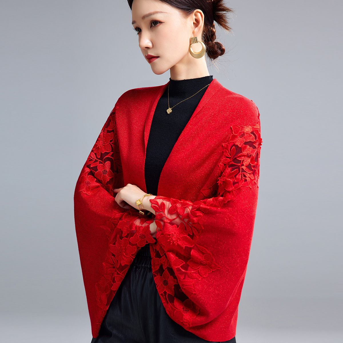 婚礼婚宴旗袍礼服外搭披肩红短款