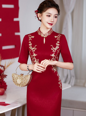 红色中式婚礼妈妈醋酸旗袍中长款喜婆婆婚宴礼服大码聚会日常可穿