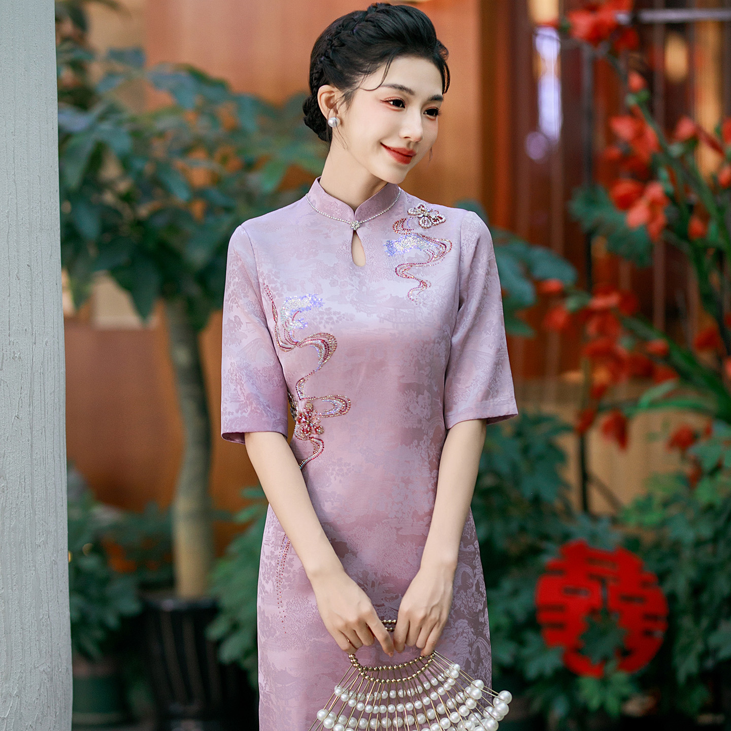 粉色醋酸旗袍中长妈妈喜婆婆喜服