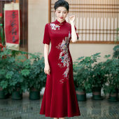 喜服秋 喜婆婆婚宴礼服大码 酒红中式 婚礼妈妈醋酸鱼尾改良旗袍长款