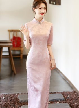喜婆婆粉色醋酸新中式旗袍妈妈装