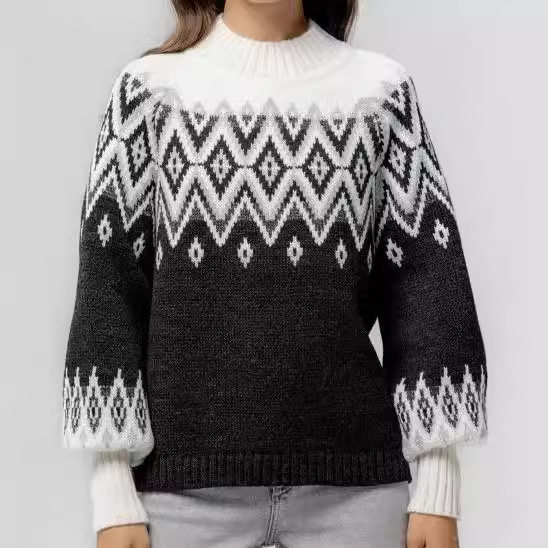 秋冬新款毛衣女欧美跨境外贸拼色宽松时尚套头针织衫上衣sweater