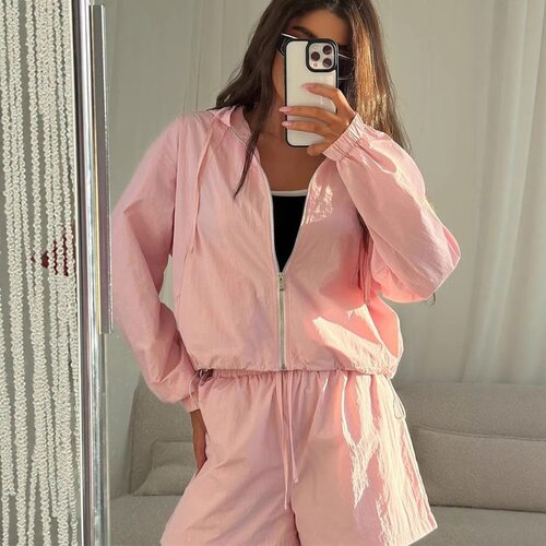 外贸休闲运动服欧美风连帽长袖拉链开衫女外套松紧短裤两件套suit
