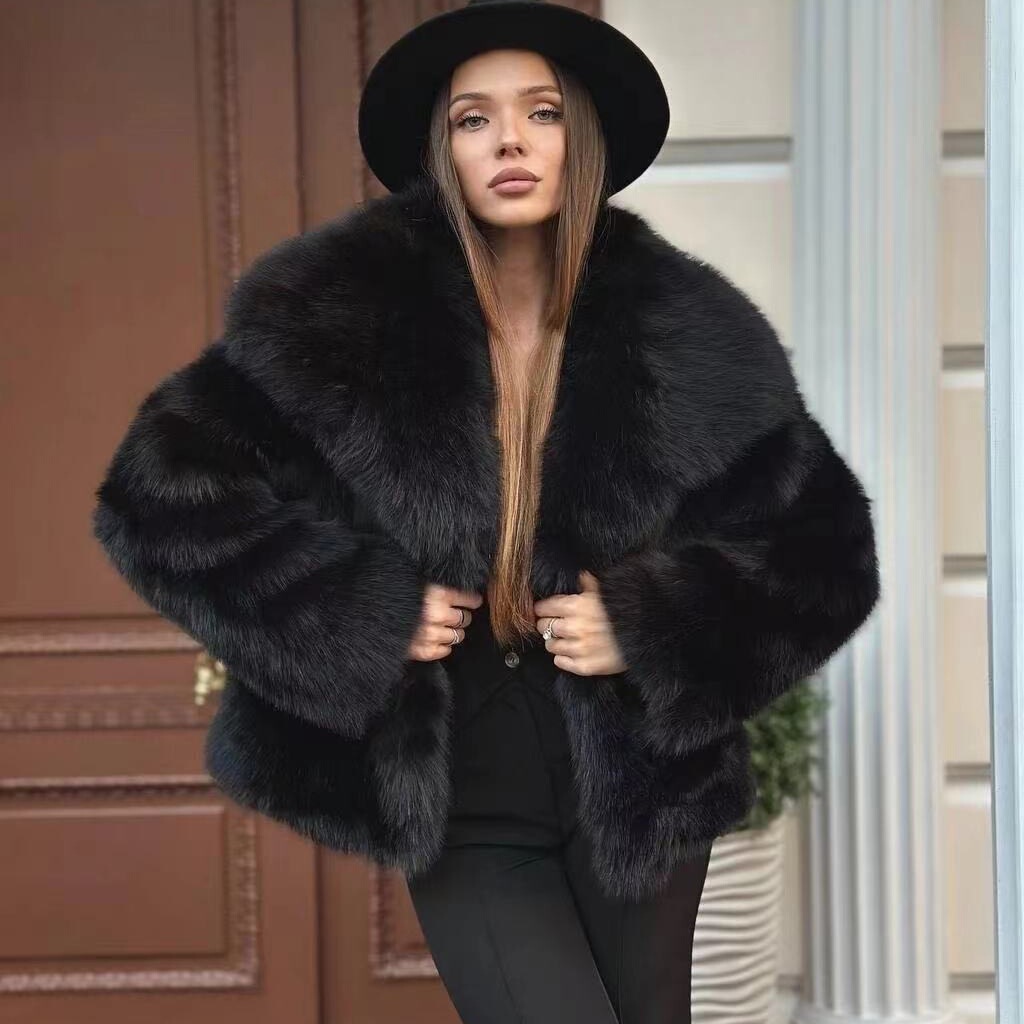 秋冬仿皮草黑色毛毛外套女装欧美气质保暖大衣外贸高级感Fur coat