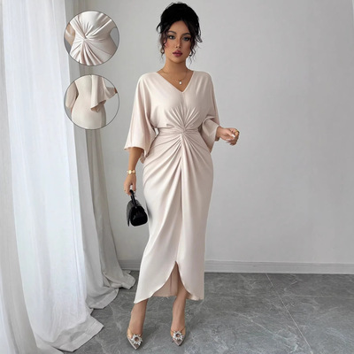 夏季款扭结连衣裙女高级感收腰显瘦跨境外贸开叉中长礼服裙dress