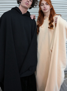 欧美秋冬情侣宽松长款厚斗篷加绒连帽披风外贸男女同款上衣cloak