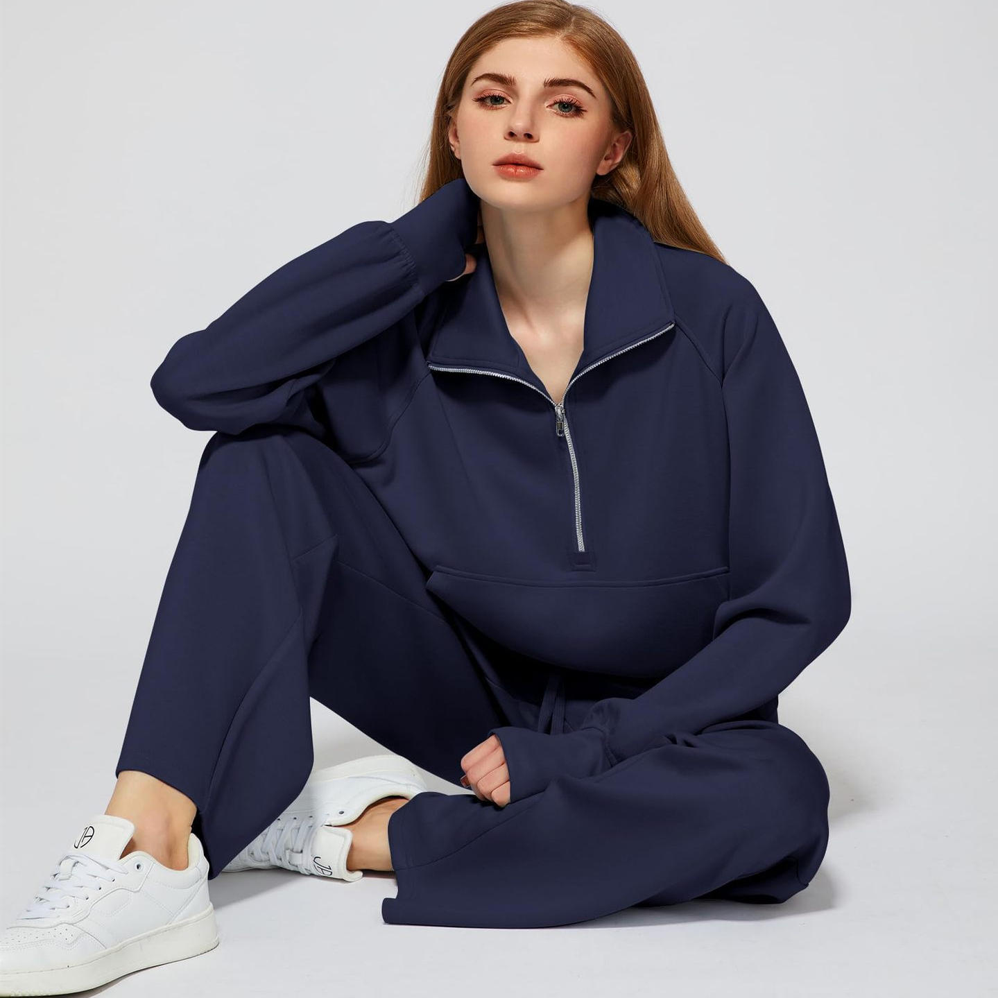 欧美亚马逊两件套半拉链长袖卫衣女跨境外贸运动阔腿长裤休闲套装