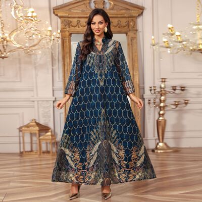 迪拜阿拉伯中东长袍民族服绣花印花连衣裙女旅行复古袍子阿布扎比