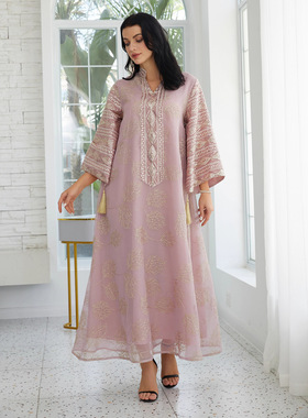 阿联酋穆斯林刺绣亮片大码连衣裙女欧美跨境阿拉伯迪拜土豪长袍子