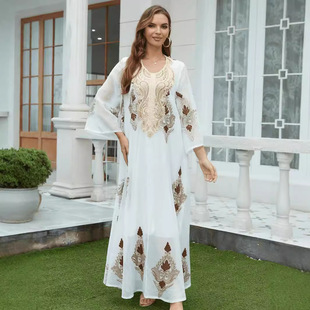 中东穆斯林沙特迪拜晚礼服刺绣网纱连衣裙女阿拉伯民族风旅拍长袍