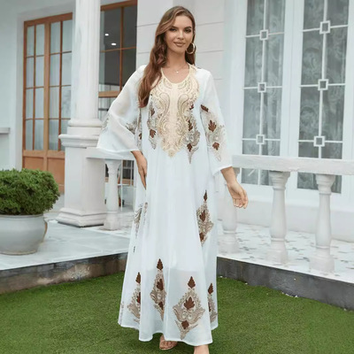 中东穆斯林沙特迪拜晚礼服刺绣网纱连衣裙女阿拉伯民族风旅拍长袍