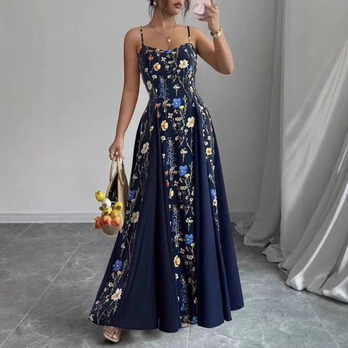 外贸法式碎花吊带连衣裙女夏收腰显瘦海边度假气质A字长裙dress